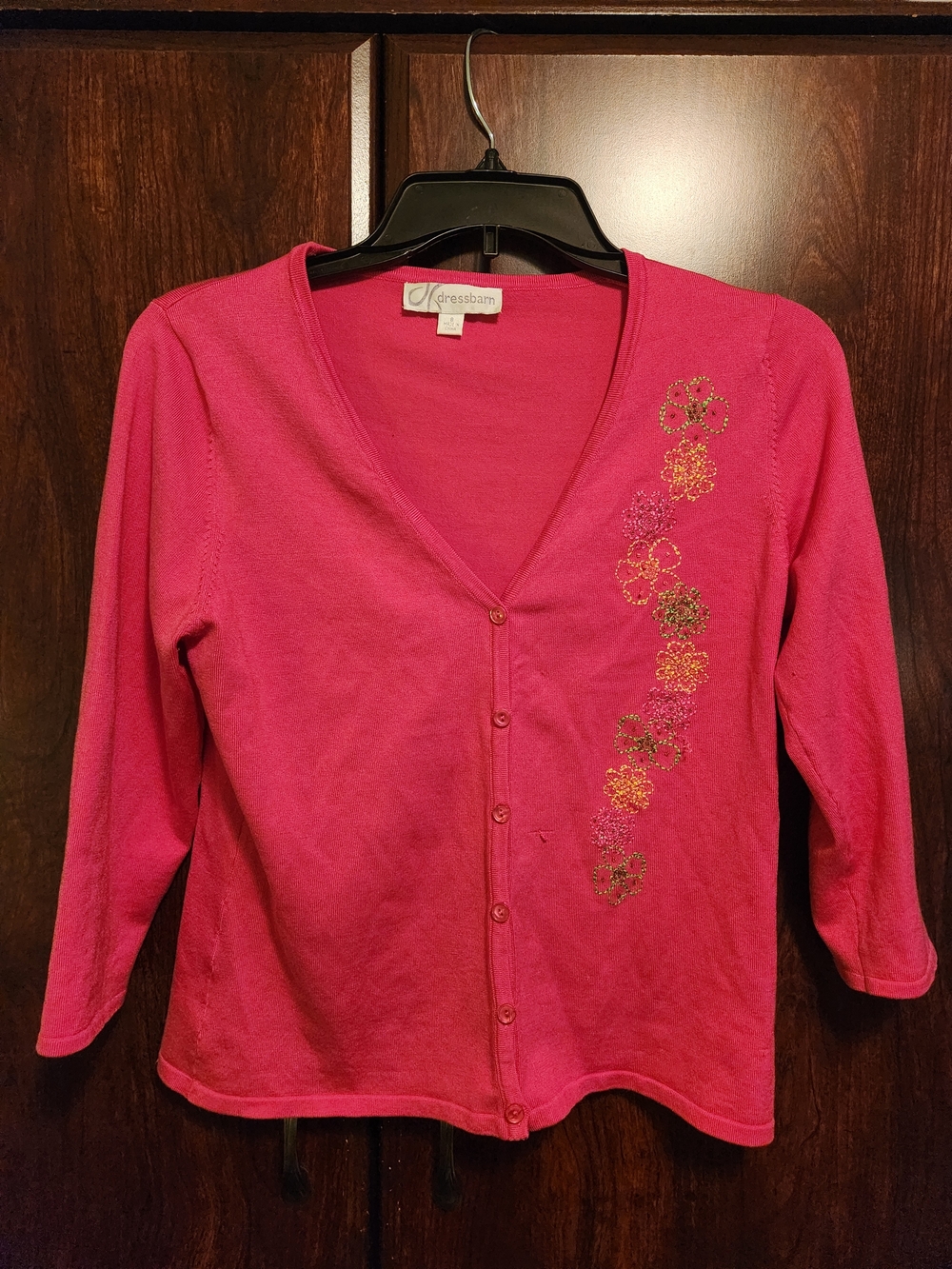 Dressbarn Pink Button-Front Cardigan with Floral Embellishment